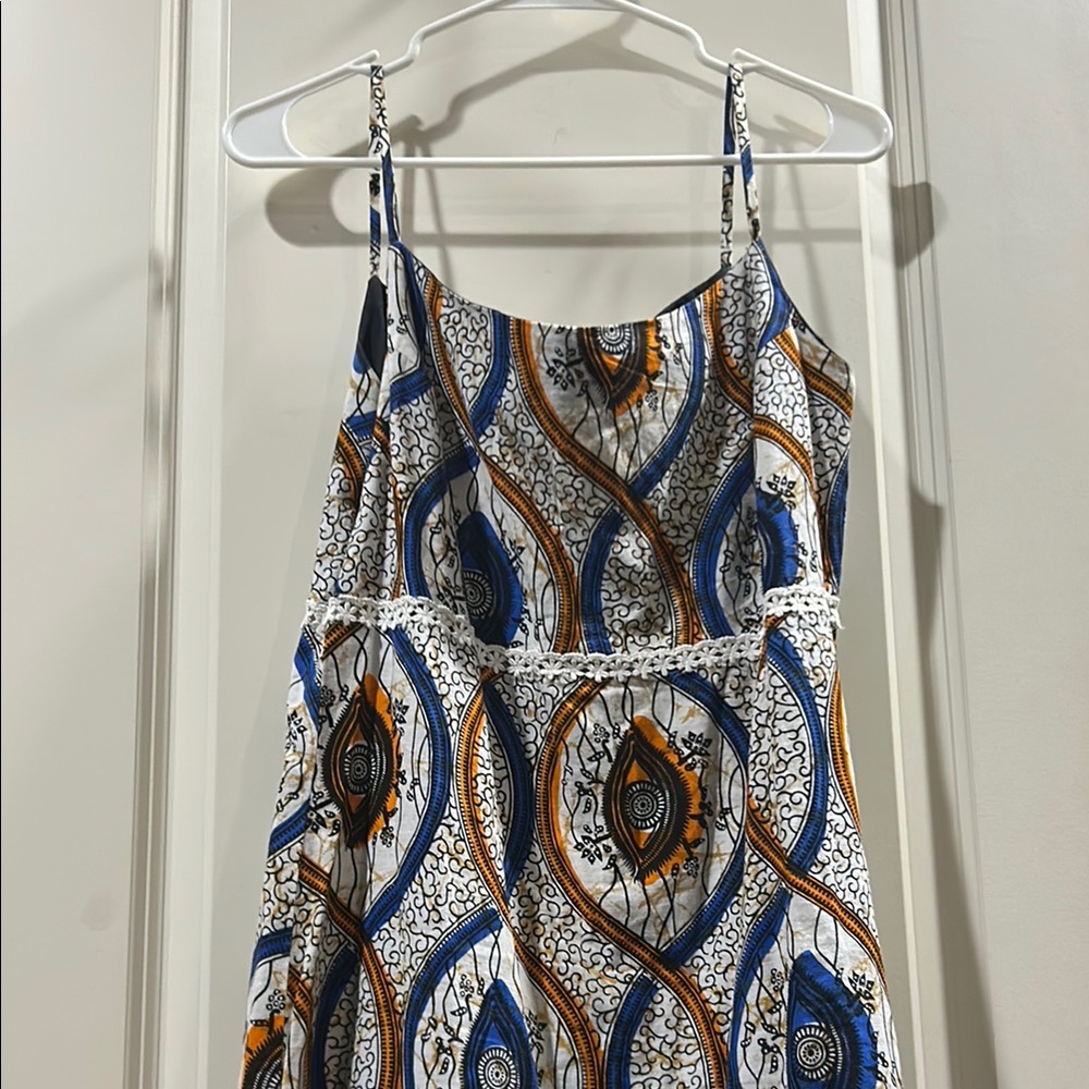 NWOT JEM spaghetti strap pattern print w/floral lace midi dress zip back size?